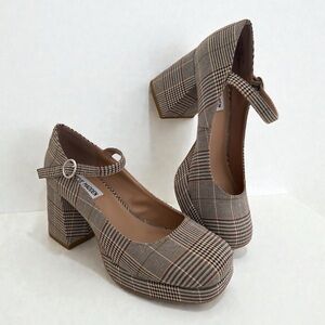 Steve Madden Mary Jane Pump Neutral Plaid Fabric Upper Chunky Heel Size 8 M
